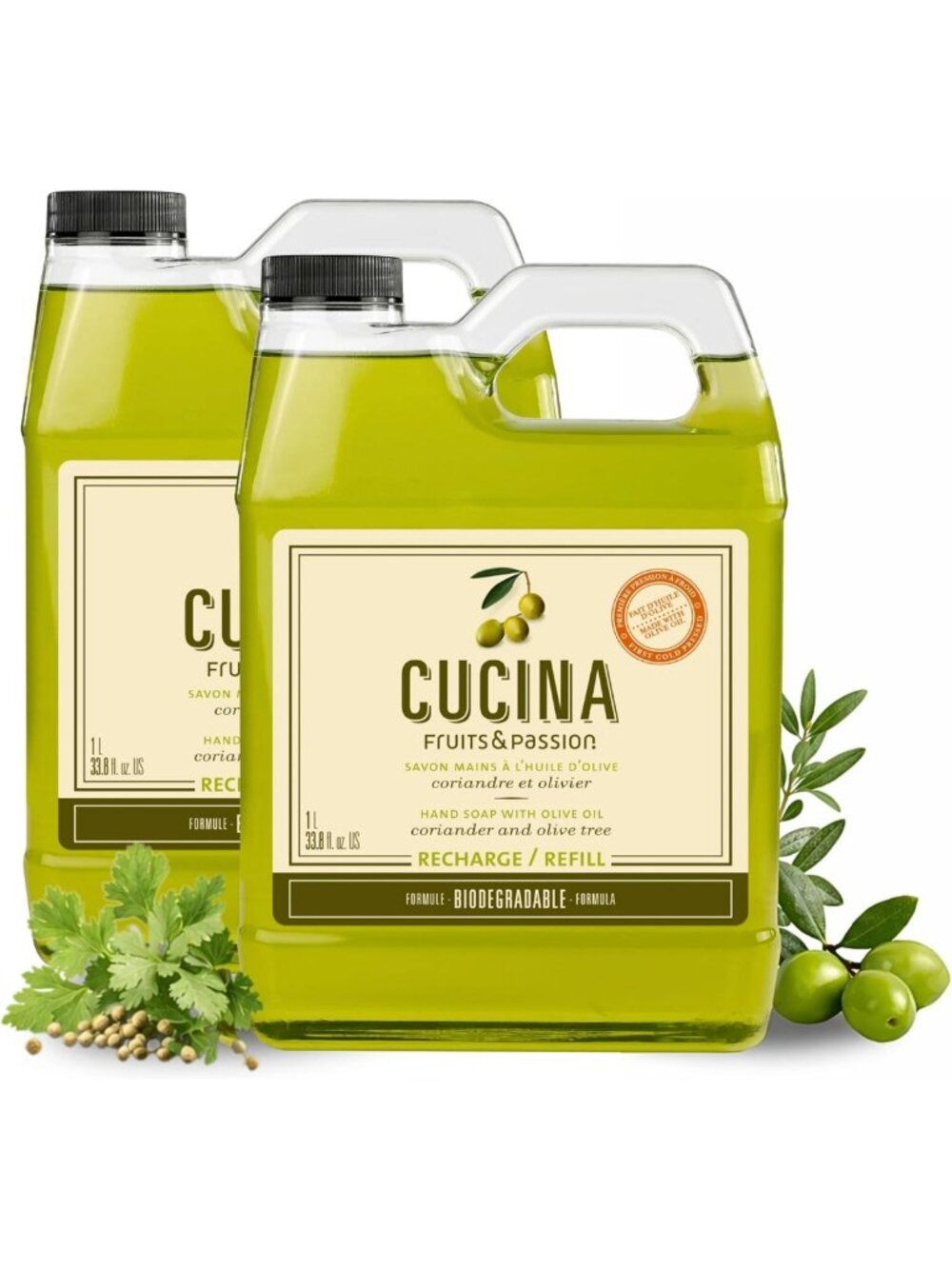 Biodegradable Kitchen Hand Soap Refill - Coriander & Olive Tree, Vegan, 2 Pack